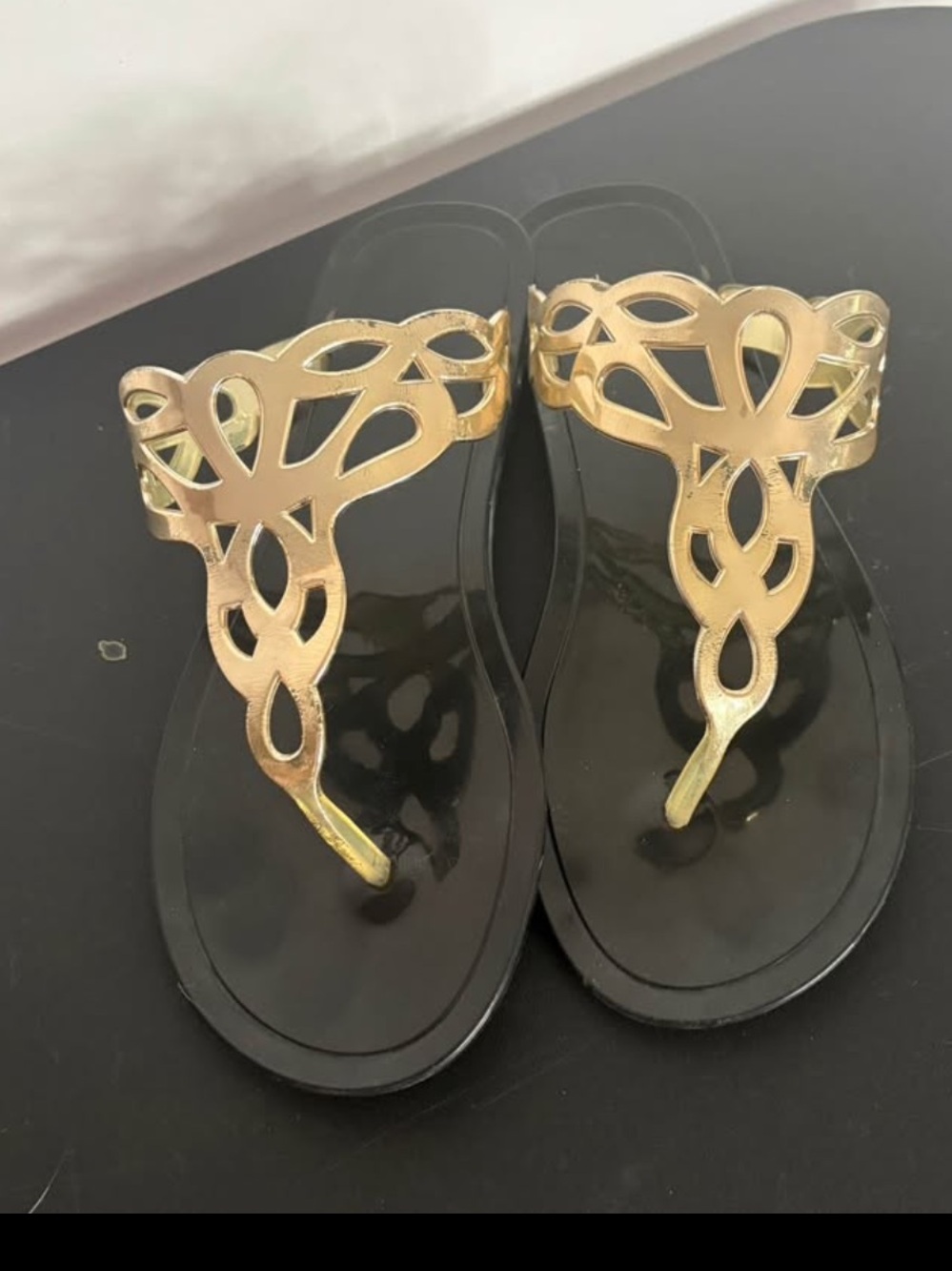 Fergalicious Gold and Black Decorative Thong Sandals